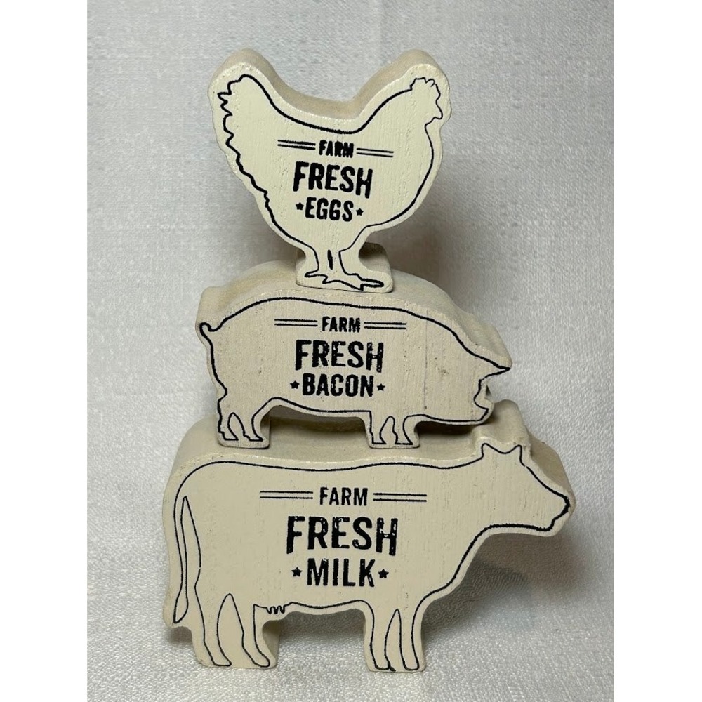 Farm Fresh Eggs Bacon Milk Wooden Tiered Animal Stacked Decoration